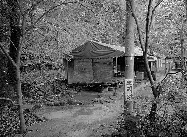 1970년대 당산나무 보리밥집 가는길, 그리고 보리밥집으로 추정되는 당시의 건물이 사진으로 남아 있다./국립공원 무등산관리사무소 제공